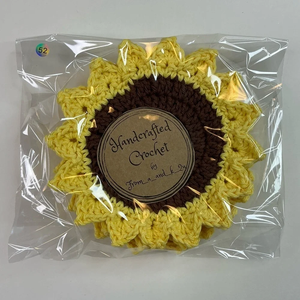 Sunflower Cup Mug Coasters Set of 4 Handcrafted Crochet by Seller Yellow Brown